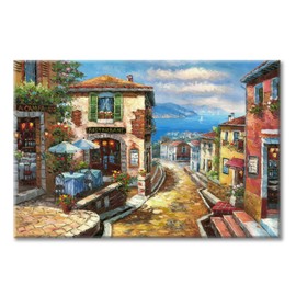 UTOP-art Coastal Cityscape Oil Painting Artwork: Italian Town Canvas Wall Art Mediterranean Style Street Painting for Living Room (45” x 30”)
