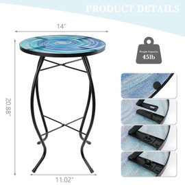 MUMTOP Outdoor End Tables for Patio, The Milky Way Small Round Side Table, Glass Accent Table for Outside, Garden, Balcony, Porch, Indoor Home Decor