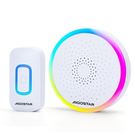 Aigostar Wireless Bell with RGB Light, IP55 Waterproof Outdoor Door Bell Set, 5 Volume Levels, 60 Melodies, 150 m Range, Plug-in, 1 Bell Push and 1 Receiver, White