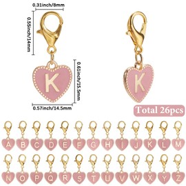 SUNNYCLUE 26Pcs 26 Styles Heart Crochet Markers Letter Stitch Markers Bulk Alphabet Love Pink Enamel Lobster Claw Clasps Alloy Locking Metal Knitting Charms for Jewellery Making Weaving Diy Craft