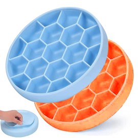 Silicone Slow Feeder Dog Bowl - Non Slip Dog Food Bowl with Anti-Tipping Bottom Suction Cup - Easy Cleaning Slow Feeder - Prevents Gulping and Vomiting Dog Feeder (Large (Pack of 2), Orange + Blue