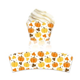 Whaline 100Pcs Fall Paper Baking Cups Pumpkin Maple Leaf Cupcake Wrappers Orange Yellow Brown Scalloped Edge Cupcake Muffin Cases for Autumn Thanksgiving Dessert Decoration