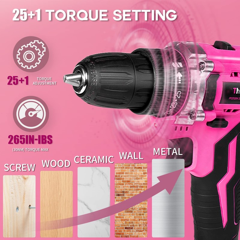 20V Pink Cordless Drill Set - Power Drill/Driver Kit with