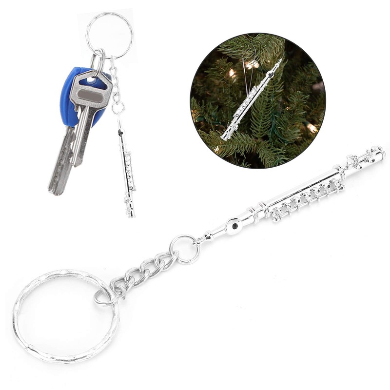 Flute Design Keyring Musical Instrument Ornament Silver Colour for Wallet,