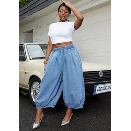 Tbahhir Women's Baggy Jeans Loose Cropped Elastic Waist Denim Pants Barrel Trousers with Pockets Blue