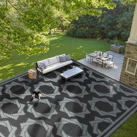 LBRO2M Waterproof Outdoor Rugs 10X14 for Patio Outdoor Plastic Straw Rug Reversible Outdoor Camping Rug for RV, Deck, Beach (10X14 Black Gray)