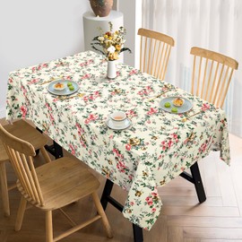 Arquiel Pink Flowers Printed Tablecloth, Rectangle Heavy Duty Cotton Table Cloth, Wrinkle Free Washable Table Cover for Kitchen Dining Parties(Beige,140x180cm)