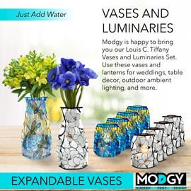 MODGY Expandable Flower Vase and Luminary Lantern Set, Plastic Decorative Modern Vases and LED Candle for Wedding, Table, Home Decor, Living Room, Office, Louis C. Tiffany, 4 Pack