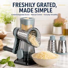 3-in-1 Manual Rotary Cheese Grater, Blue Countertop Vegetable Slicer and Shredder with Stainless Steel Drum Blades