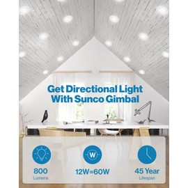 Sunco 5/6 Inch LED Can Lights Retrofit Recessed Lighting, Gimbal Downlight Adjustable, 800 LM, 12W=60W, Selectable CCT 2700K/3000K/3500K/4000K/5000K, Dimmable, Damp Rated UL