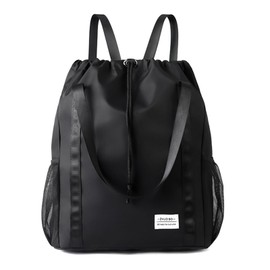 LELE LIFE Drawstring Backpack Bag Water-Resistant Large String Cinch Bag w/Wet Pocket & Long Handles Gym Bag Sports Sackpack, Black, Medium, Sports