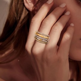 HOSICRON Statement Rings for Women, 18k Gold Plated Stackable Cubic Zirconia Rings, Silver Gold Multi Ring Mixed Metals Stackable Ring Set for Women Non Tarnish (Y, 9)