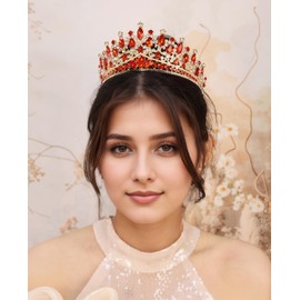 Yheahin Sparkle Crystal Crown and Tiara for Women Bridal Wedding Rhinestone Tiara Princess Queen Crown Tiara Headpieces for Cosplay Costume Birthday Party (Red)