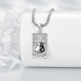VENACOLY Cat Tarot Necklace 925 Sterling Silver Cat Tarot Pendant Jewellery Gifts for Women Cat Lovers, Sterling Silver