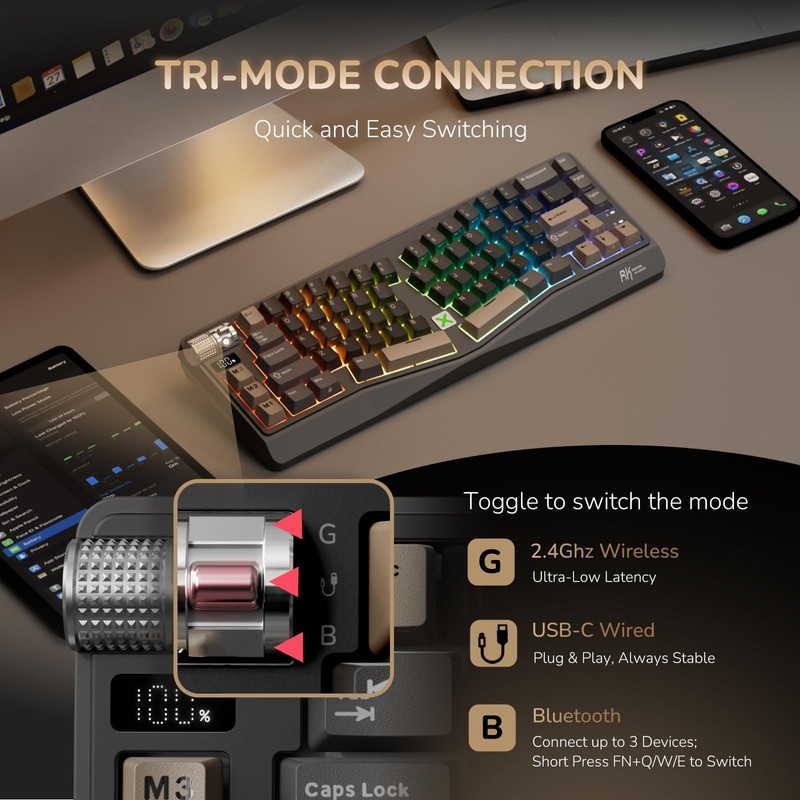 RK ROYAL KLUDGE A70 Wireless Ergonomic Keyboard, Alice Split Mechanical