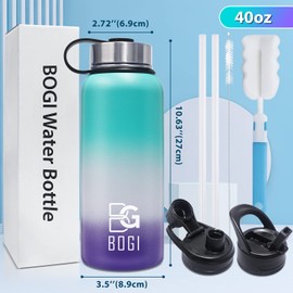 BOGI 40oz Insulated Water Bottle, Double Wall Vacuum Stainless Steel Water Bottle with Straw and 3 Lids, Sweat-Proof Wide Mouth Metal Water Bottle Keeps Hot or Cold for Sports Gym Office (Color1)