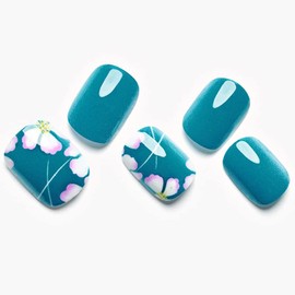 GLAMERMAID Press on Nails Extra Short Squoval, Spring Peacock Blue Flower Glue on Nails with Cherry Blossom, 24Pcs Floral Round Reusable UV Finish Fake Nails Acrylic False Nails Kits for Women Gift