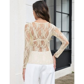 LOMON Long Sleeve Lace Tops for Women Mesh Top Crew Neck Sheer Blouse See Through Shirts Apricot Floral XXL