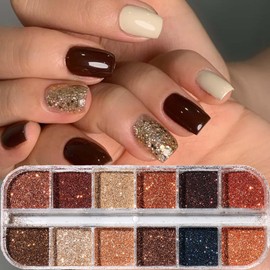 12Grid Glitter Nail Art Sequins Fall Nail Glitter Winter Nail Powder Holographic Gold Glitter Nail Design Powder DIY Nail Art Glitter for Women Manicure Decoration Accessories