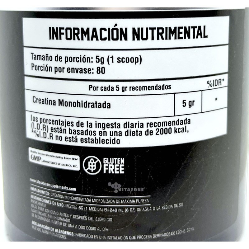 CREATINA MONOHIDRATA BLACKBEAR SIN SABOR 400 GR, 80 SERVICIOS