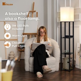 MITELSON Floor Lamp with Shelves and USB, USB-C & Power Outlets, Shelf Lamp with Charging Station, Modern Square Lamps for Living Room, Standing Floor Lamp for Bedroom and Office, Tall Lamp, Black