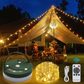 Camping String Lights, Outdoor Camping String Lights with 6 Lighting Modes, 32.8FT USB Rechargeable with Remote Control, IPX4 Waterproof Portable Warm Lights for Tent, Yard, Hiking & Decoration