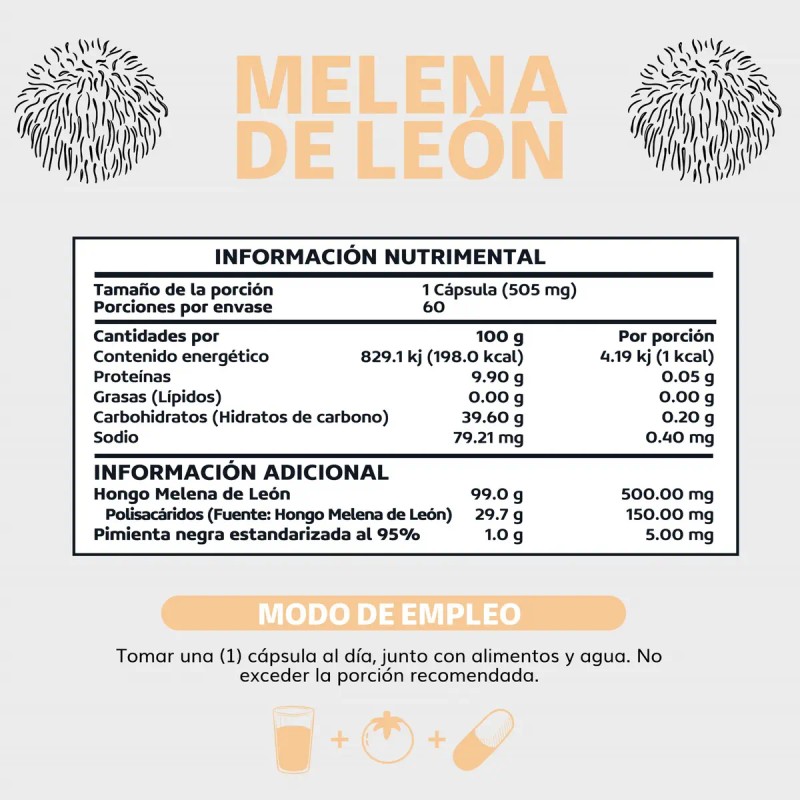 Hongo Melena León Extracto Proveniente Micelio Polisacáridos Piperina Pimienta Negra