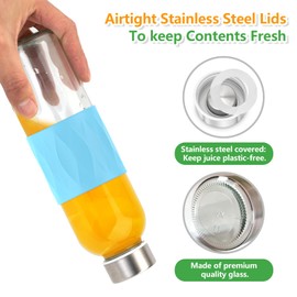 Zukro Glass Water Bottles with Lids 18 oz, Reusable Clear Juice Bottles Stainless Steel Airtight Cap for Juicing, 100% Leak Proof Juice Drinking Jar With Sleeve for Refrigerator, BPA Free, Set of 6