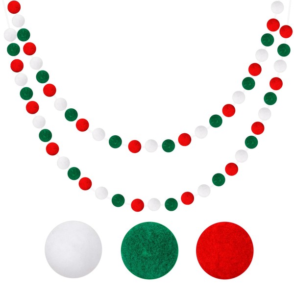 G2PLUS Pack of 2 Christmas Felt Balls Garlands, Pompom Garlands, Felt Chain with 60 Pieces Pompom Red, Green and White Pompom Garland for Christmas, Decorations for the Home Office