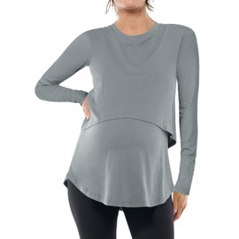 Tankaneo Womens Maternity Nursing Tops Casual Long Sleeve Double Layer Breastfeeding Shirts Pregnancy Clothes Grey