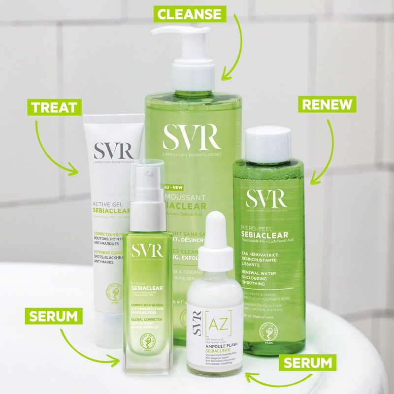 SVR SEBIACLEAR Ampoule Flash 15% Azelaic Acid Serum, Retexturises Acne-prone,