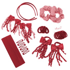 31 Piece School Hair Accessory Set, Girls Headbands, Scrunchies, Bobbles, Hair Clips, Kylie Bands Gingham Streamers (Red)