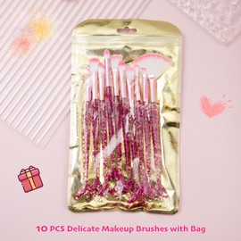10 PCS Mermaid Makeup Brushes, Rose Red Crystal Glitter Blush Highlight Eye Shadow Eyebrow Concealers Brush Set with Sequins Synthetic Fiber Make up Brush, Gift for Girls & Women
