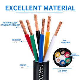 14 Gauge 6 Conductor Electrical Wire 14 AWG 6 Wire Oxygen-Free Copper PVC Stranded 50FT 14/6 Wire for LED Lighting Outdoor Low Voltage Extension Cable Automotive Etc (14AWG-6C, 50FT)