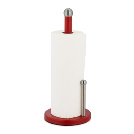 Relaxdays Standing Kitchen Roll Holder, Metal Roll Holder with Roll Stop, H x D 35 x 15 cm, Red/Silver