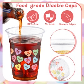 FillTouch FillTouch 50 Pcs 16 oz Valentine's Day Conversation Heart Cups Heart Disposable Plastic Cups Romantic Conversation Heart Decoration Love Heart Cups for Dinner Anniversary Party Supplies
