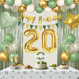 Sage Green 20th Birthday Decorations for Women, Happy 20th Birthday Decorations for Her, Green Gold Balloons, Foil Balloons, Happy Birthday Banner, Olive Neutral Birthday Party Supplies