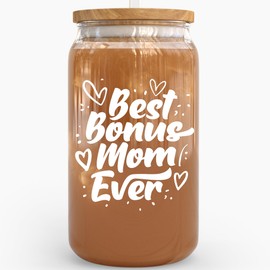 KLUBI Best Bonus Mom Gifts Mother In Law Birthday Gifts 16 Ounce Mom Mug Gifts for Mothers Day Gifts for Moms Glass Cups With Lids And Straws Step Mother Birthday Gifts Mothers Day Gifts for Mom