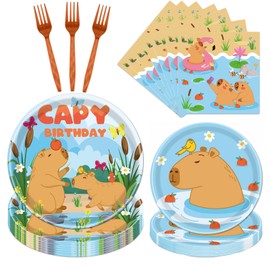 Lovarywow Cute Capybara Birthday Decorations - 96PCS Capybara Birthday Party Plates and Napkins Forks Disposable Tableware Set Capy Animals Themed Baby Shower Party Supplies Decor Decoration Serve 24