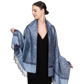Achillea Two Tone Vintage Jacquard Paisley Pashmina Shawl Wrap Scarf (Steel Blue)
