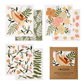 Recyco Cellulose Dish Towels, Kitchen Cloth, Set of 6, Natural Fiber, 6.7 x 7.5 inches (17 x 19 cm), Deodorizing, Wipe Sponge Wipe, Birds & Flowers, Quick Drying, Durable, Kitchen Towel,