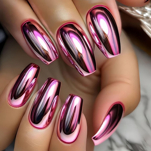 Pink Press on Nails Medium Length Coffin Artificial Fake Nails