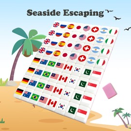 Seaside Escape Game Blocks， Mahjong Tile Game Sets with 65 Tiles 30mm Flag and Ball Pattern with Staw Woven Rainbow Handbag for Spring Picnic Party Gift.