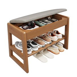 IUNVR Shoe Rack Bench with Cotton-Linen Cushion 2-Tier Wooden Storage Bench 550lbs Compact Simple & Modern Design for Entryway, Hallway, Bedroom, Living Room, Closet, Front Door Entrance, Foyer
