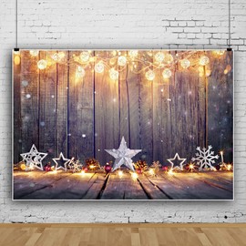 YongFoto 3 x 2.5 m Photo Background Poinsettia String Shiny Lights Snowflakes RIC Wooden Planks Christmas Photography Background Photo Shooting Portrait Party Kids Photo Studio Pro