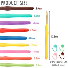 Sugeru® 9 Pieces Crochet Hook Set with 20 Pieces Stitch Markers, 2.0-6.0 mm Crochet Set for Beginners with Rubber Soft Grip, Smooth Hook Head, Ergonomic Lightweight and Comfortable Crochet Tool for