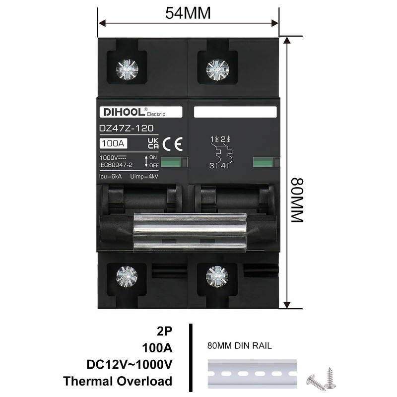 DIHOOL DC Circuit Breaker 100 Amp Solar Disconnect Switch 2p
