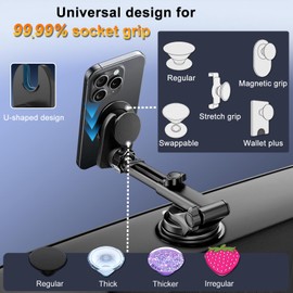 JCTRIWAY Car Mount for Pop Socket, Dashboard Windshield Car Phone Holder Compatible with Popsocket, Powerful Suction Cup Car Phone Mount Fits All Smartphones with Pop Grip