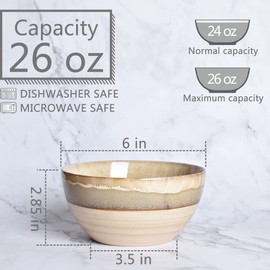 Bosmarlin Stoneware Soup Bowl Set of 4, 26 Oz, Cereal Bowl for Oatmeal, Dishwasher and Microwave Safe, Reactive Glaze (Brown Grey, 6 in)