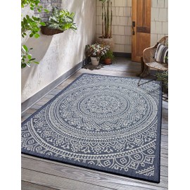 Adiva Rugs Outdoor Indoor Area Rug, Weather Resistant, Easy to Clean, Stain Resistant Floor Mat for Dining Room, Backyard, Deck, Patio (Navy Weiss, 5' x 7')
